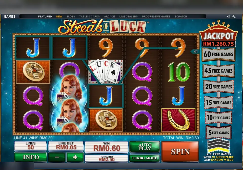 Streak of Luck on LPE88 with a stacked wild on reel 2 and a line win of RM0.30 on line 41, total RM0.60