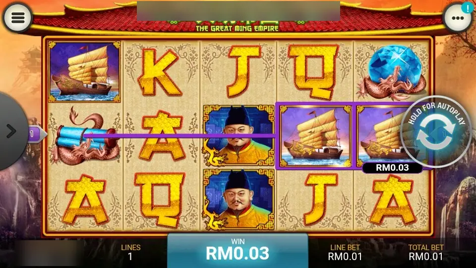 The Great Ming Empire on LPE88 with the emperor on reel 3 and two junks on reels 4 and 5 boxed on line 1, win RM0.03