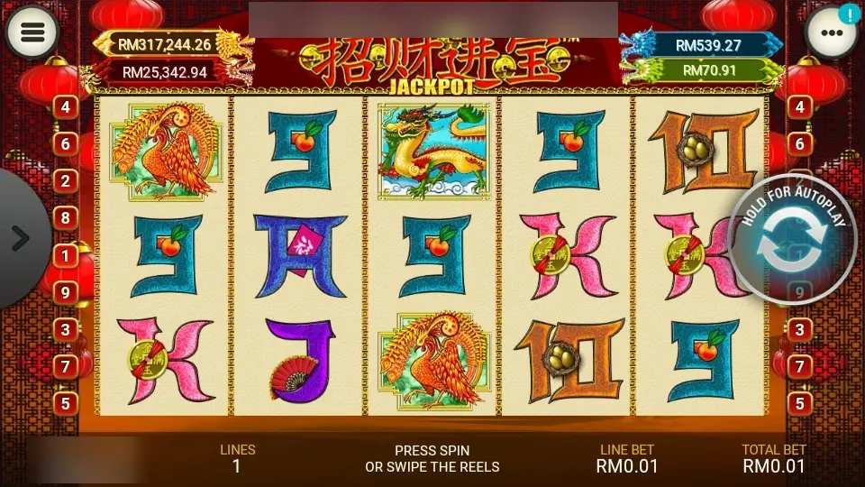 Zhao Cai Jin Bao Jackpot on LPE88 with a phoenix on reels 1 and 3, a dragon on reel 3 and charm-decorated letters
