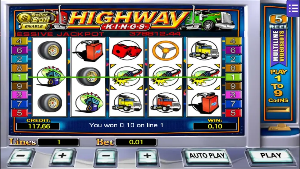 Highway Kings one-line spin on Mega888 with three spark plugs marked and You won 0.10 on line 1