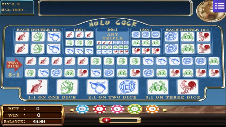 Hulu Cock board on Mega888 with fish, prawn, gourd, coin, crab and rooster dice, single bets 1:1 to 3:1, Two Dice 5:1, doubles 10:1, triples 180:1