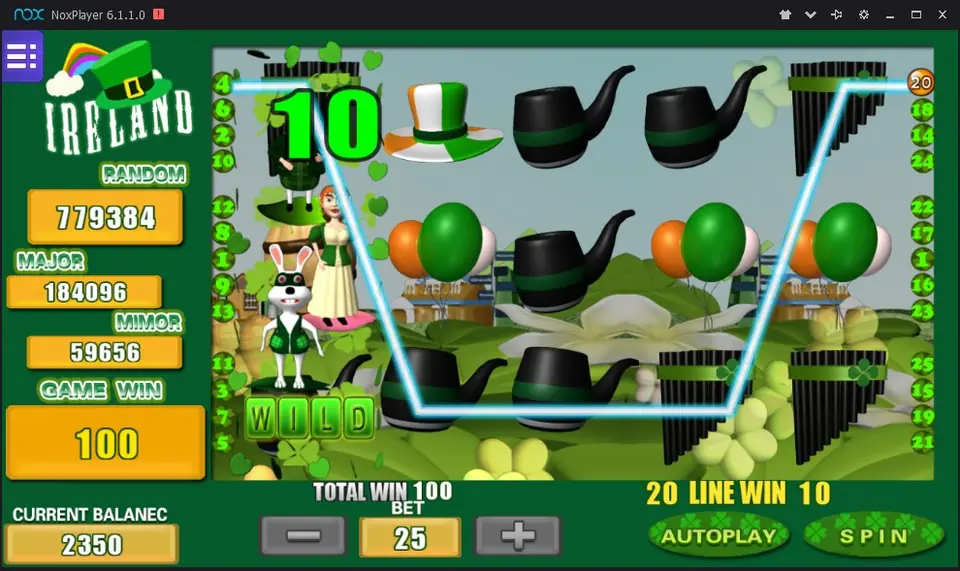 Ireland win on Mega888: a 10 payout on line 20 with the stacked wild on reel 1, total win 100
