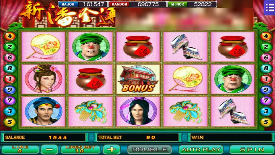 Jin Ping Mai II on Mega888 with fans, wine jars, a hair comb, slippers, character portraits and a Bonus pavilion on reel 3