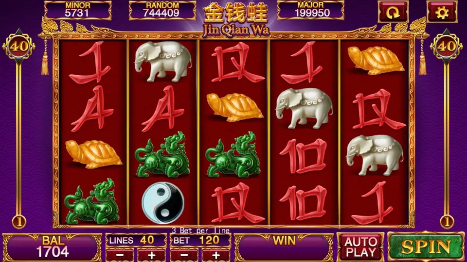 Jin Qian Wa on Mega888: ivory elephants, golden turtles, jade qilin and a yin-yang symbol on red reels, Lines 40, Bet 120 at 3 per line