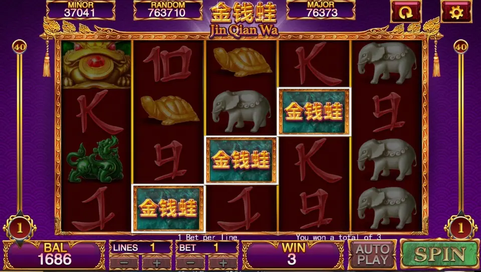 Three 金钱蛙 scatter tiles on reels 2 to 4 of Jin Qian Wa on Mega888, WIN 3