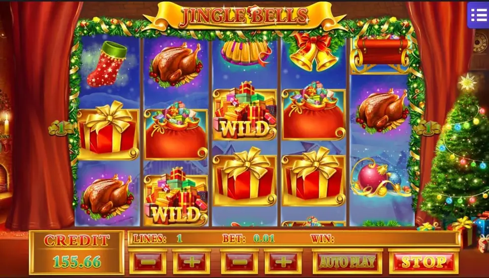 Jingle Bells on Mega888 with two gift-pile wilds on reels 2 and 3 among presents and roast turkeys