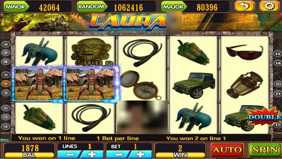 Laura on Mega888: two tribal warrior symbols on line 1 pay 2, with a DOUBLE button on the right