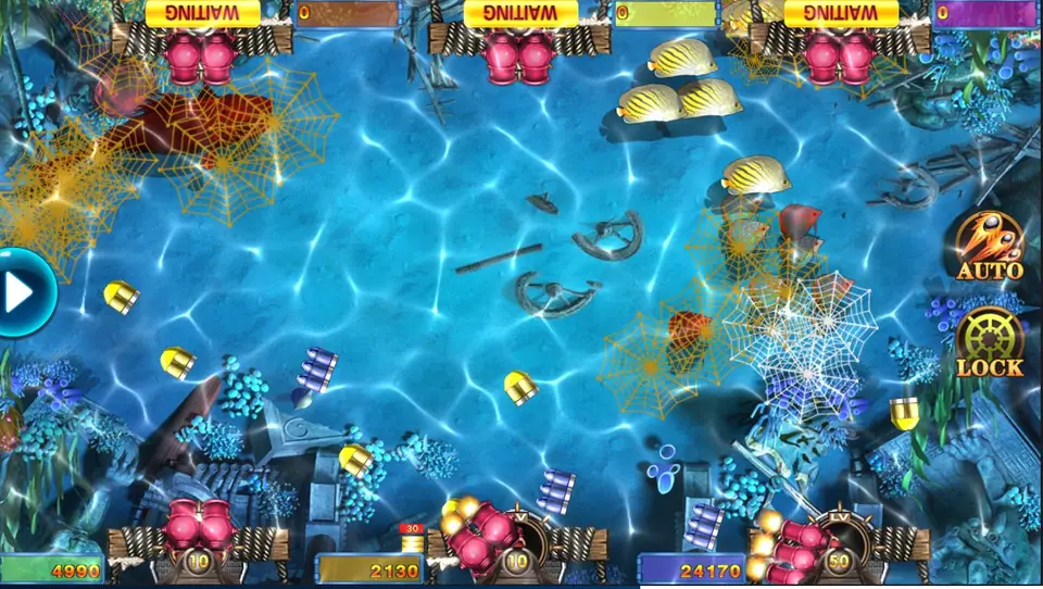 Li Kui Pi Yu fishing room on Mega888: web-shaped nets burst over butterflyfish on a blue reef, three cannons at the bottom, three empty seats marked Waiting at the top
