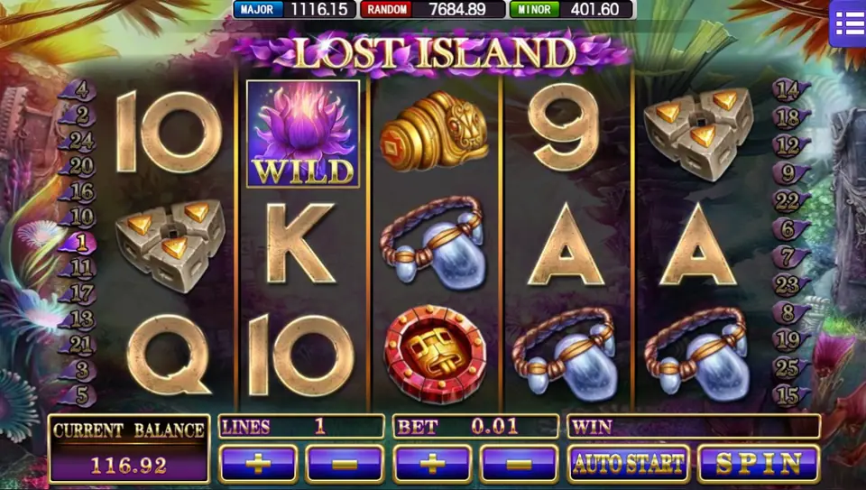 Lost Island on Mega888 at 1 line and 0.01, a single lotus wild on reel 2 among relics and stone letters