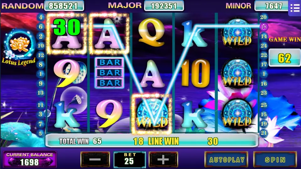 Lotus Legend win on Mega888: two aces and a wild pay 30 on line 18, total win 65, bet 25