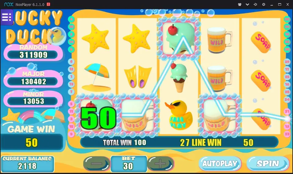 Lucky Duck on Mega888: two beer mug wilds complete a line of ice creams, 27 LINE WIN 50, total win 100