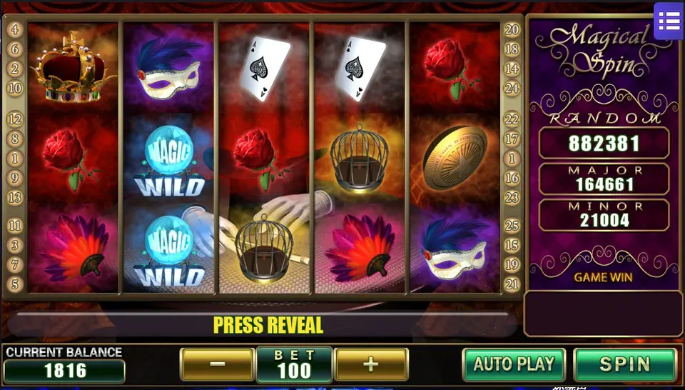 Magical Spin reels with a crown, feathered masks, roses, aces of spades, a birdcage, a gold coin and two Magic Wild crystal balls, bet 100, PRESS REVEAL