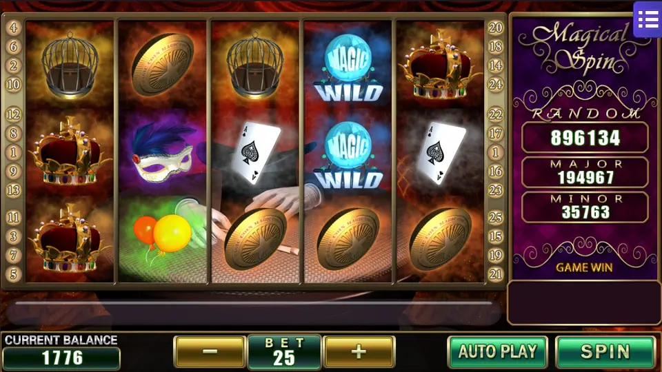 Magical Spin with two Magic Wild balls on reel four, crowns, birdcages, gold coins and aces, bet 25