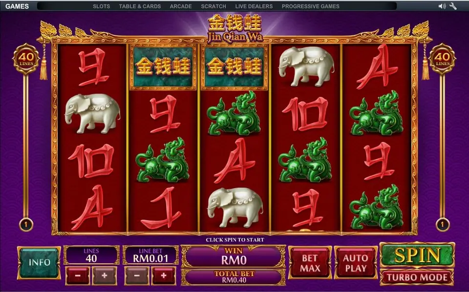 Jin Qian Wa on NTC33 with two 金钱蛙 logo tiles on reels 2 and 3, jade qilin, white elephants and red brush-stroke letters, 40 lines at RM0.01 for RM0.40