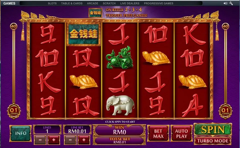 Jin Qian Wa on one line with the logo tile on reel 2, gold turtles on reels 2, 4 and 5 and the free games banner above
