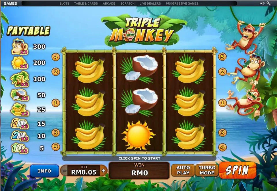 Triple Monkey spin with stacked bananas on reels 1 and 3 and coconuts over a sun on reel 2, no win