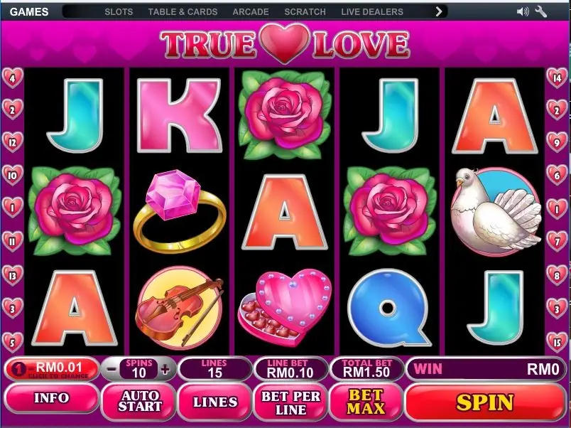 True Love on NTC33 with roses, a diamond ring, a violin, a chocolate box heart and a white dove on the reels, 15 lines at RM0.10 for RM1.50