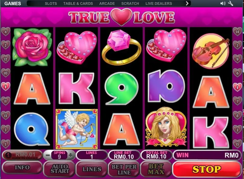 True Love reels with a cupid tile, a cartoon bride in a heart frame, rings and a violin, one line at RM0.10