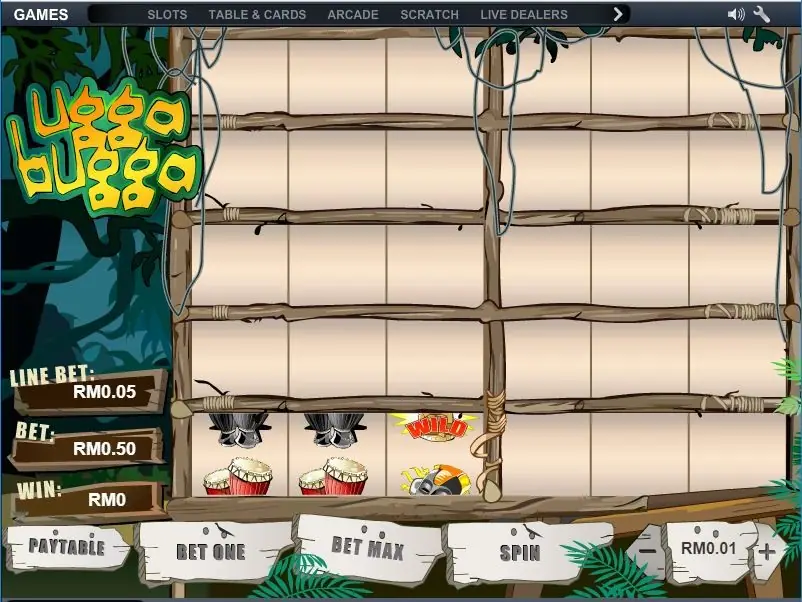 Ugga Bugga with black masks and drums on reels 1 and 2 and a WILD symbol on reel 3, the other nine boxes still empty