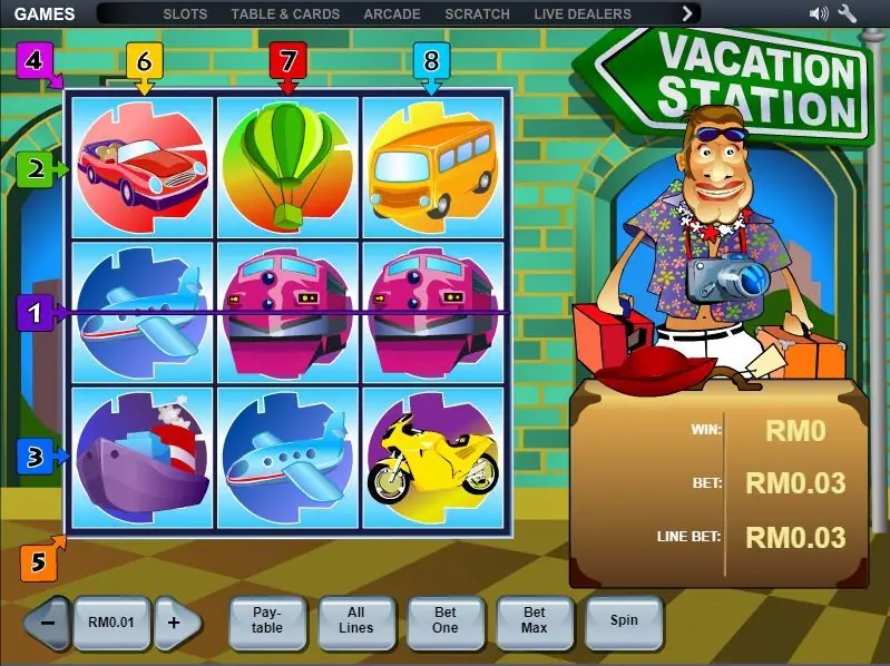 Vacation Station on NTC33: a 3x3 grid with a sports car, a hot air balloon, a bus, planes, two pink trains, a ship and a motorbike, line 1 marked across the middle