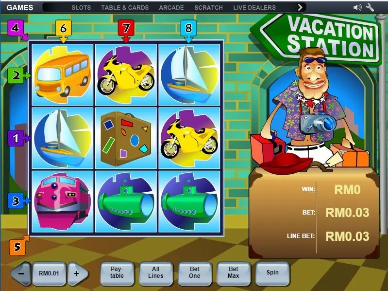 Vacation Station grid with a bus, a motorbike and a sailing boat on top, a suitcase in the middle and two green submarines at the bottom