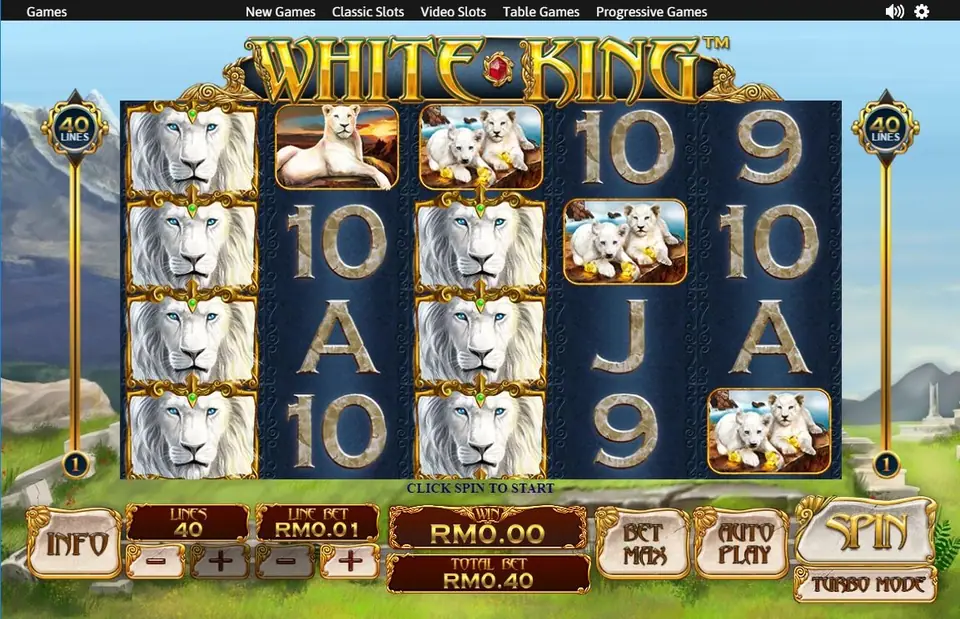 White King on NTC33 with white lion heads stacked down reels 1 and 3, a lioness, lion cubs and card letters, 40 lines at RM0.01 for RM0.40
