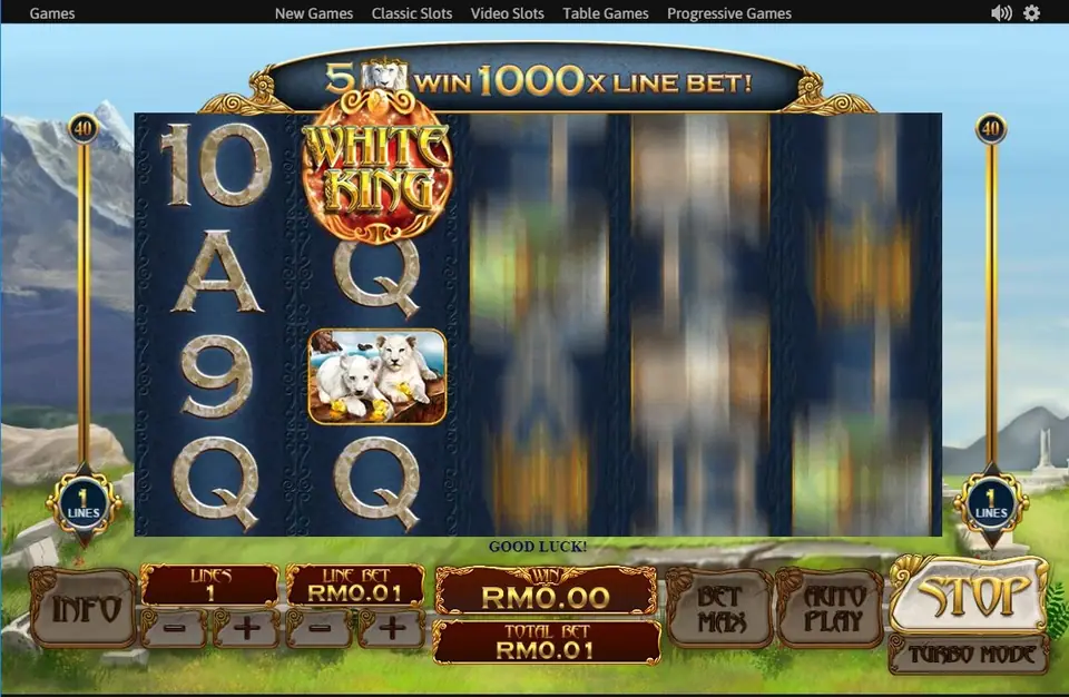 White King spinning with the 5 white lions win 1000 times line bet banner and the White King medallion on reel 2
