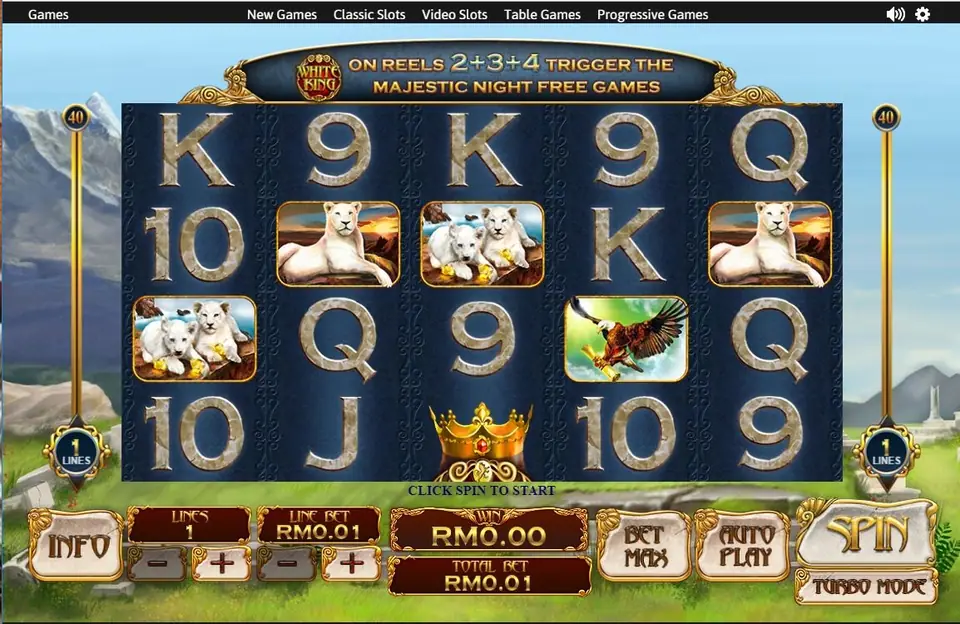 White King on one line at RM0.01 with the Majestic Night free games banner and a gold crown on reel 3