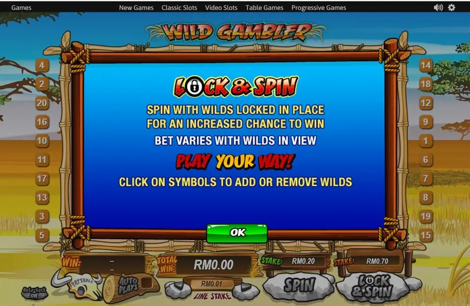 Wild Gambler Lock and Spin help panel with SPIN stake RM0.20 and LOCK and SPIN stake RM0.70
