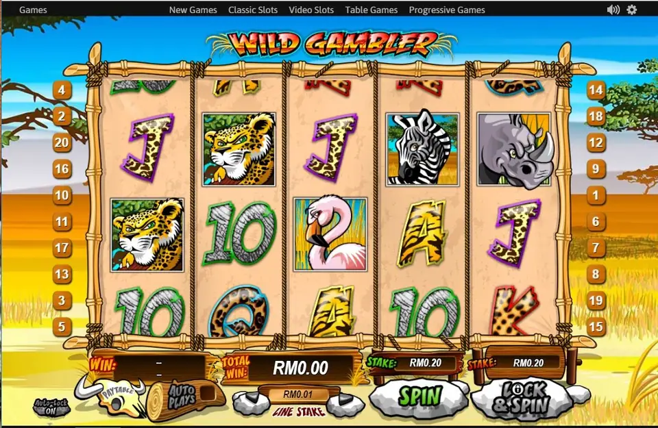 Wild Gambler on NTC33 with a leopard, a zebra, a rhino and a flamingo on animal-print reels, line stake RM0.01 and both stakes at RM0.20