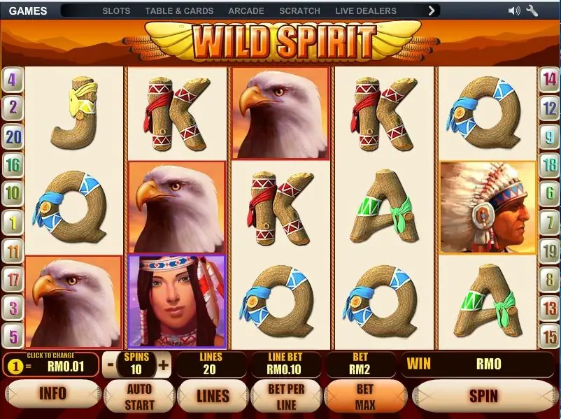 Wild Spirit on NTC33 with three eagles, a chief in a feather headdress, a young woman with a beaded headband and wooden card letters, 20 lines at RM0.10