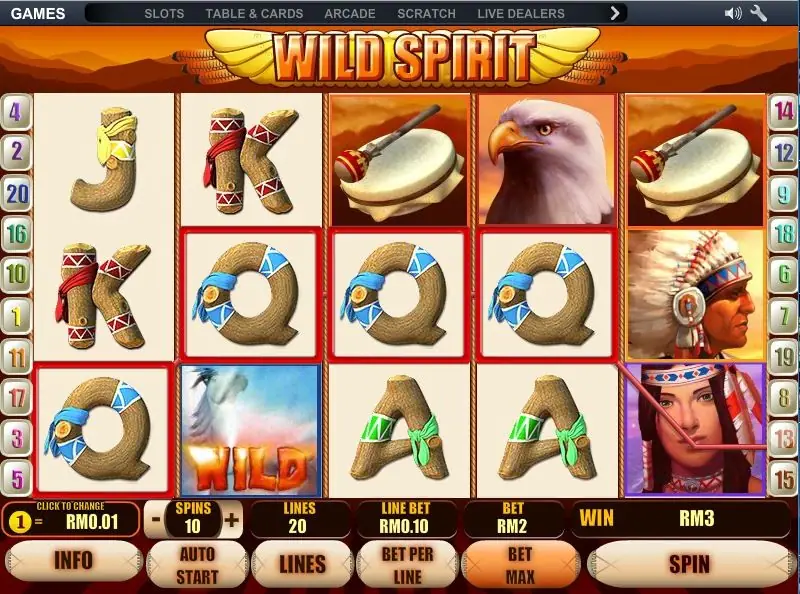 Wild Spirit win with Qs outlined in red across the first four reels, the white horse wild on reel 2 and RM3 in the win box