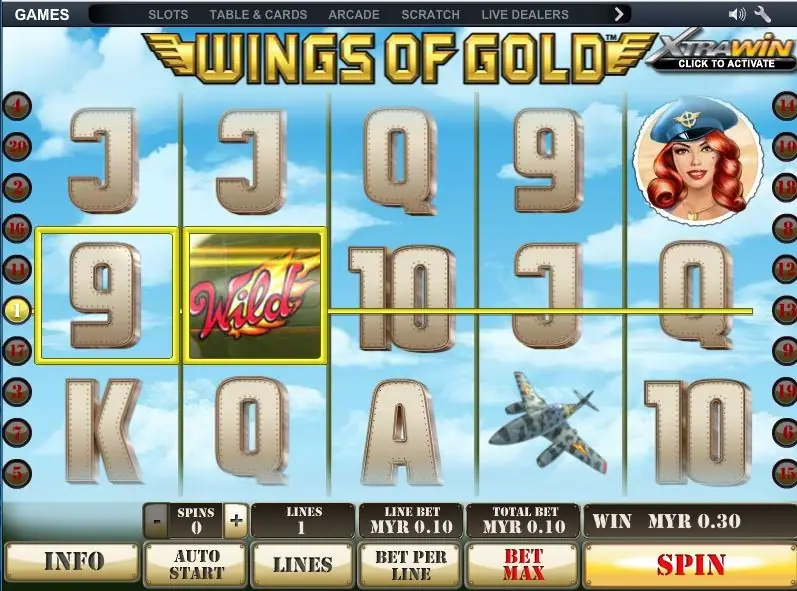 Wings of Gold win on line 1: a 9 on reel 1 and the flaming Wild tile on reel 2 boxed in yellow, MYR0.30 in the win box