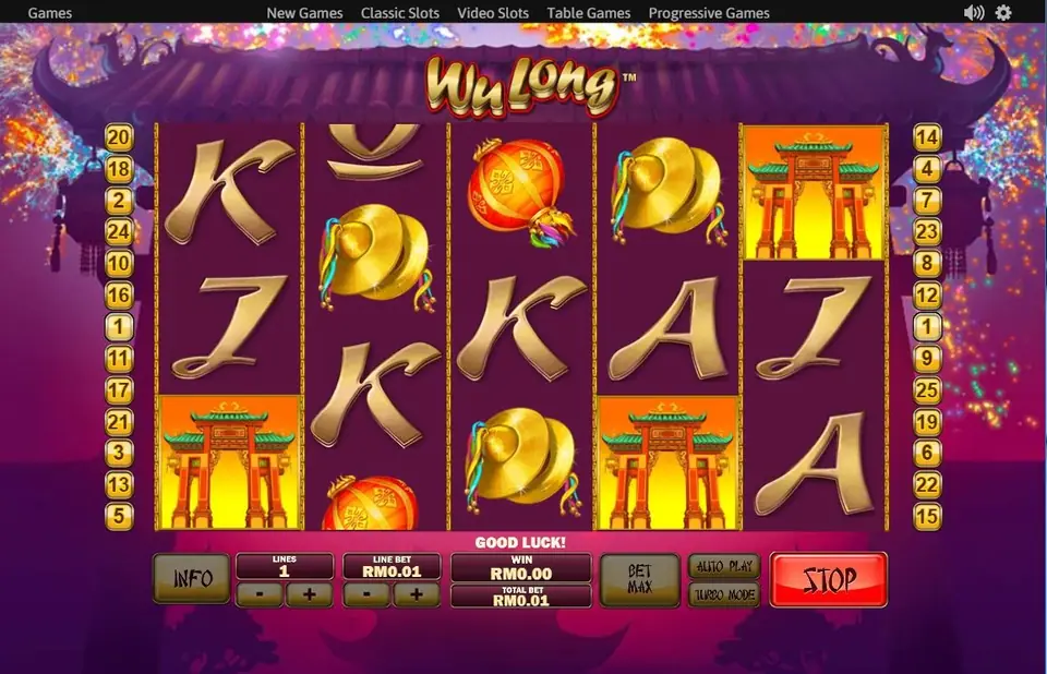 Wu Long with two temple gates on reels 1 and 2, fan dancers on reel 3 and a drum and firecrackers on the right, one line at RM0.01