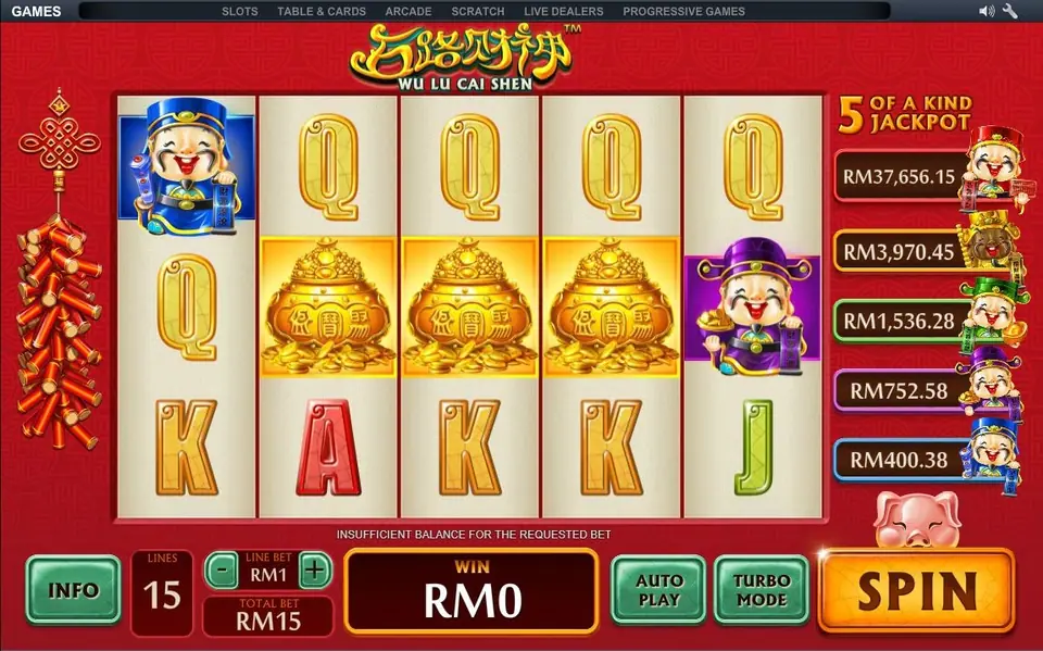 Wu Lu Cai Shen at RM1 a line with three gold pot wilds across reels 2, 3 and 4 and jackpot boxes up to RM37,656.15