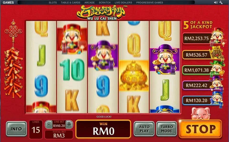 Wu Lu Cai Shen spinning at RM0.20 a line, a gold pot wild on reel 4 and purple gods on reels 3 and 5