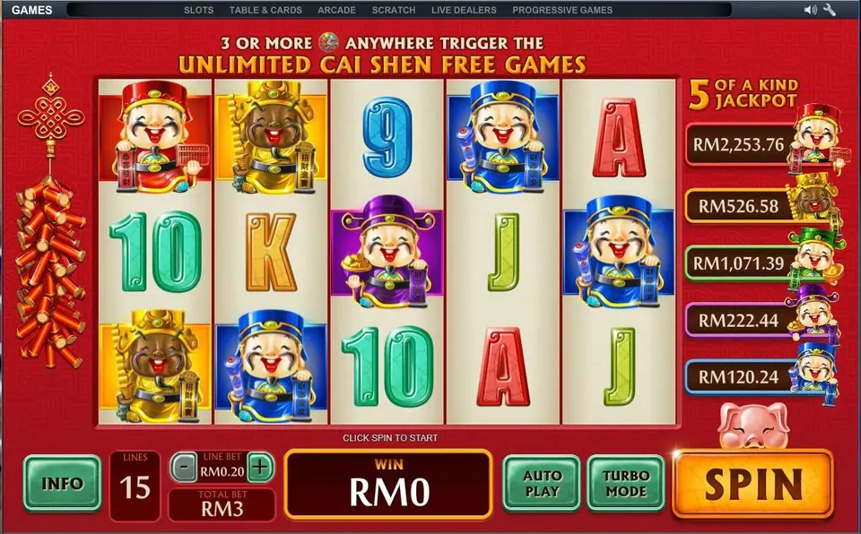 Wu Lu Cai Shen on NTC33 with red, gold, blue and purple wealth gods on the reels, the unlimited free games banner and five jackpot boxes on the right, 15 lines at RM0.20
