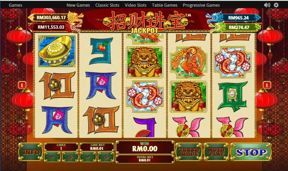 Zhao Cai Jin Bao Jackpot on one line with a gold ingot on reel 1, two guardian lions, a phoenix and two pairs of koi, meters at RM303,660.17 and RM11,553.03