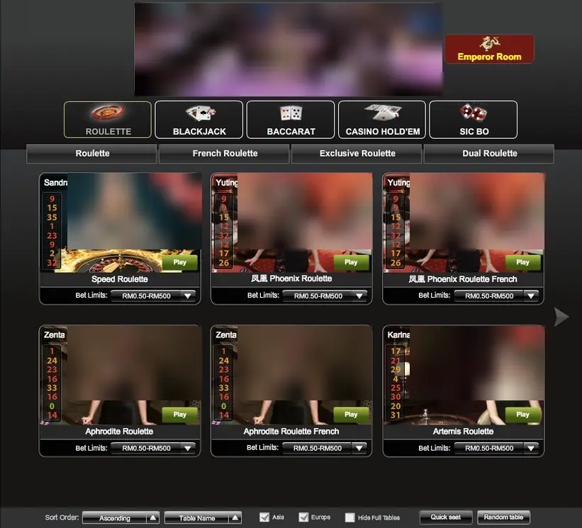 NTC33 live roulette room with Speed, Phoenix, Aphrodite and Artemis roulette tables, each with a RM0.50 to RM500 limit, dealer faces pixelated