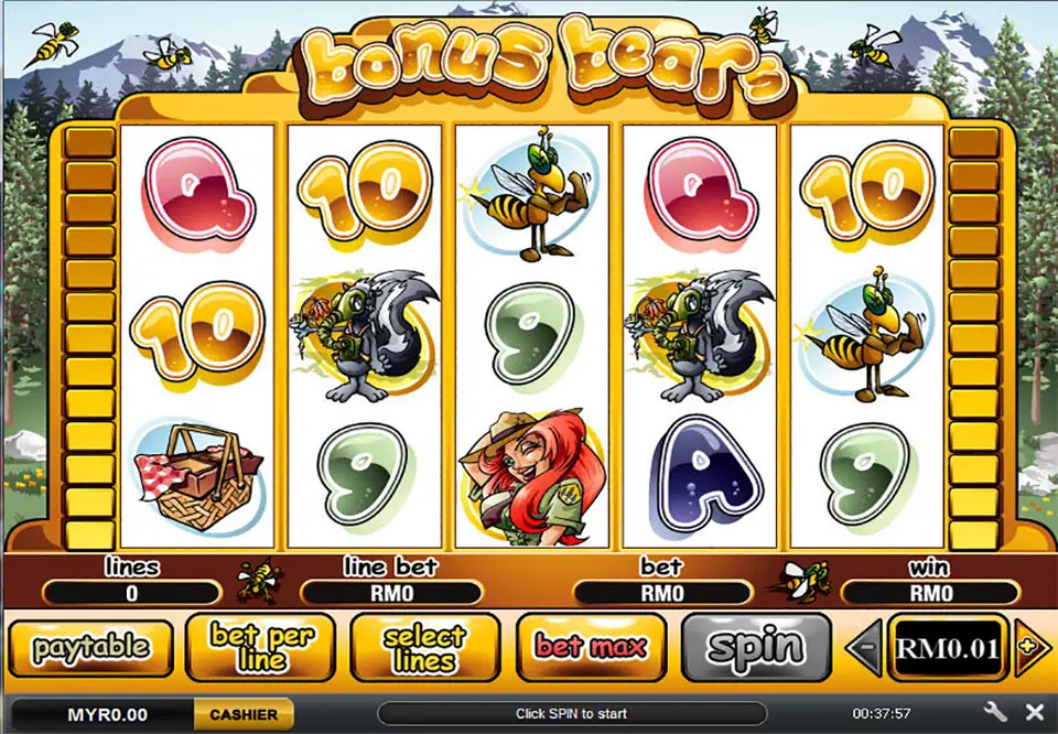 Bonus Bears inside the NTC33 window with bees, a skunk and a picnic basket on five reels and a RM0.01 coin size