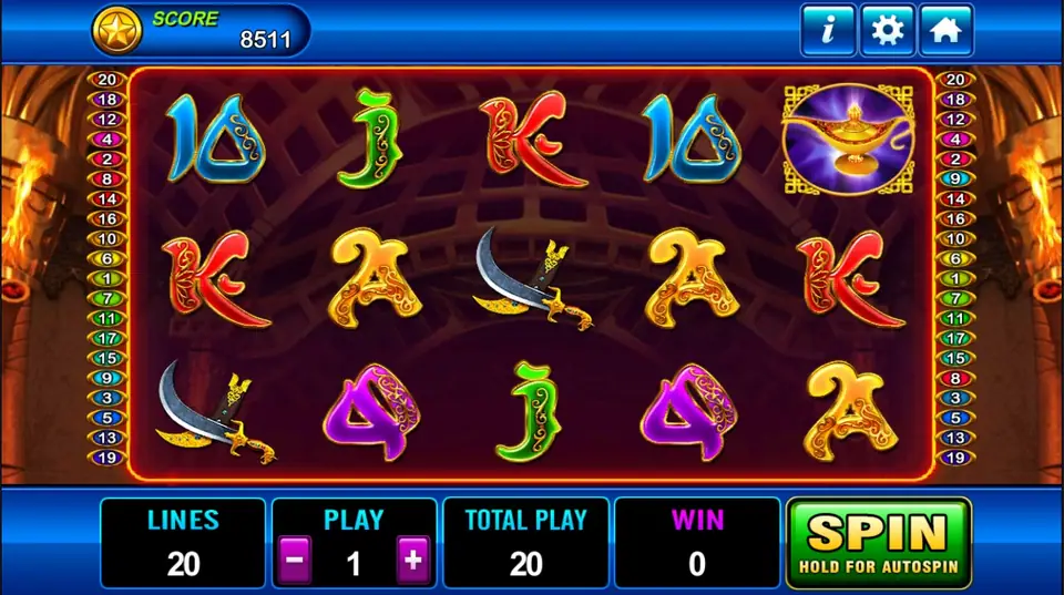 Aladdin reels with ornate card letters, a scimitar and the lamp on reel five, 20 lines at PLAY 1