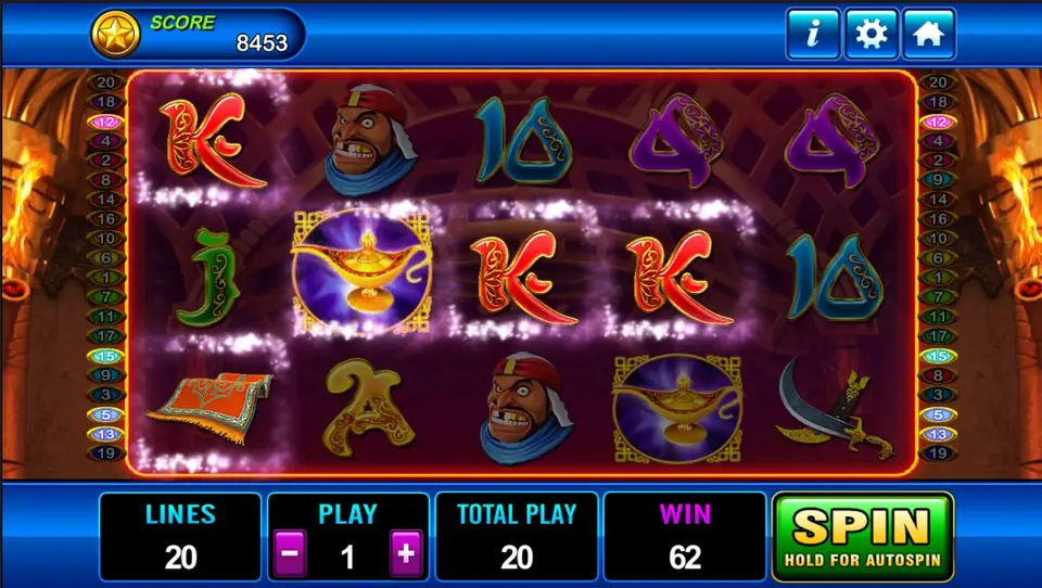 Aladdin on Play8oy with two magic lamps, a palace guard in a red turban, a flying carpet, a scimitar and ornate card letters, 20 lines at PLAY 1 and a win of 62