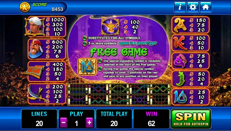 Aladdin pay table with Aladdin at 1000, the lamp rules, the free game panel and the 20 lines