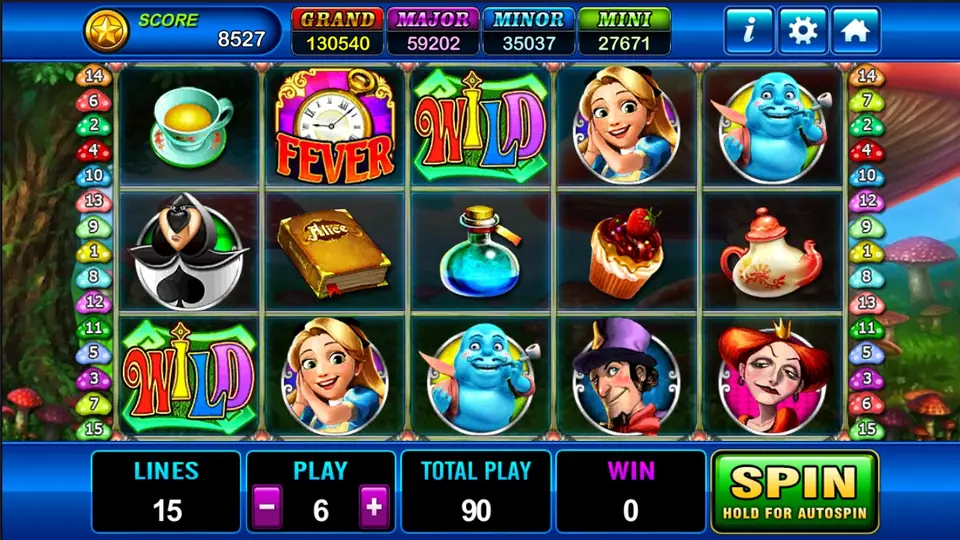 Alice reels with a teacup, the FEVER watch, a WILD sign, Alice, the caterpillar, the Hatter and the Queen