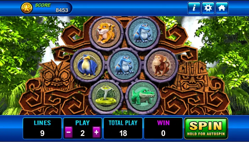 Amazon Jungle on Play8oy with seven round stone medallions showing a jaguar, blue frogs, a parrot, a monkey, a cobra and a crocodile, 9 lines at PLAY 2