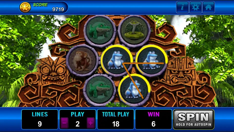 Amazon Jungle win with three blue frogs outlined in yellow and connected by a line, WIN 6