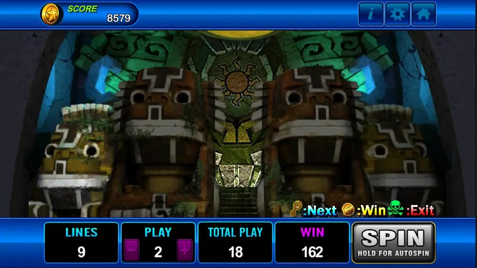 Amazon Jungle bonus hall with four stone heads, a sun carving and the Next, Win and Exit legend, WIN 162