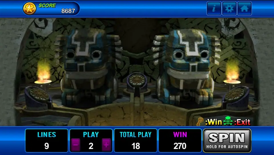 Amazon Jungle bonus room with two blue stone idols and braziers, WIN 270