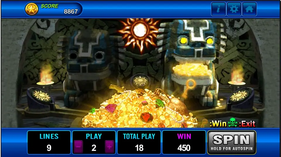 Amazon Jungle bonus with a pile of gold coins and jewels below a glowing idol, WIN 450