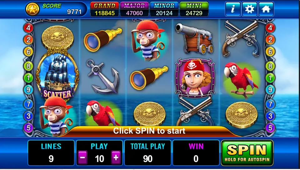 Captain Roger reels on Play8oy with a gold skull coin, a pirate ship scatter, a monkey in a bandana, a spyglass, an anchor, a cannon, crossed pistols and a parrot, 9 lines at PLAY 10